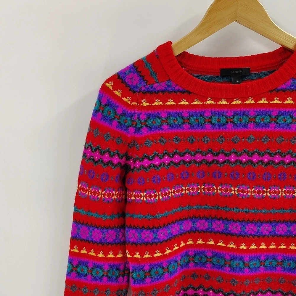 J. Crew Pullover Crew Neck Wool Sweater XS Red Multicolor Nordic Fair Isle